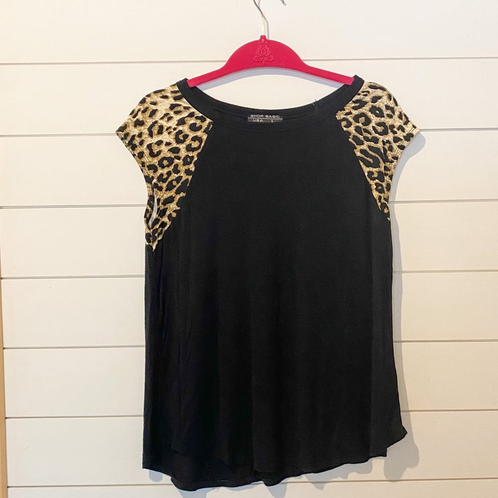 Boutique Black Tee with Leopard Cheetah Sleeves